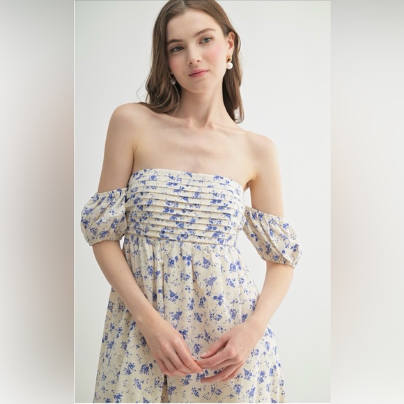 Lush Blue Floral Off-Shoulder Midi Dress - Picture 3 of 5